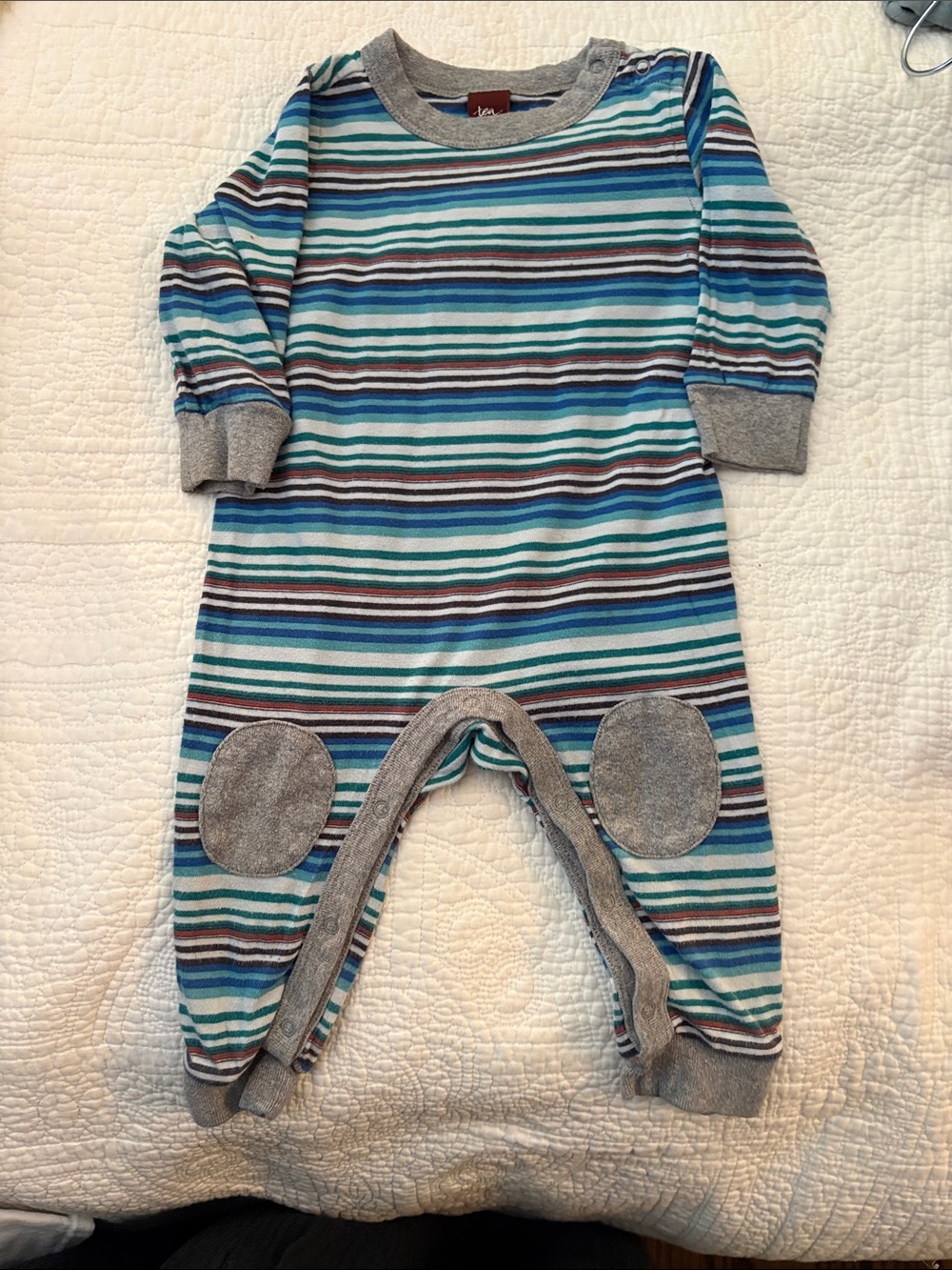 Tea Collection Blue & Teal Striped Baby Footie with Gray Accents